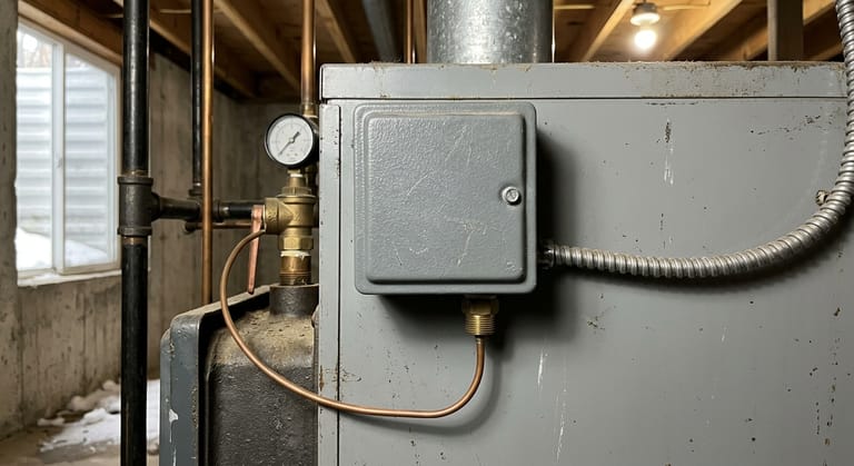 Gray boxy aquastat control on the front panel of a cast iron boiler, its cover closed, with a copper capillary tube running into a brass immersion well in the block