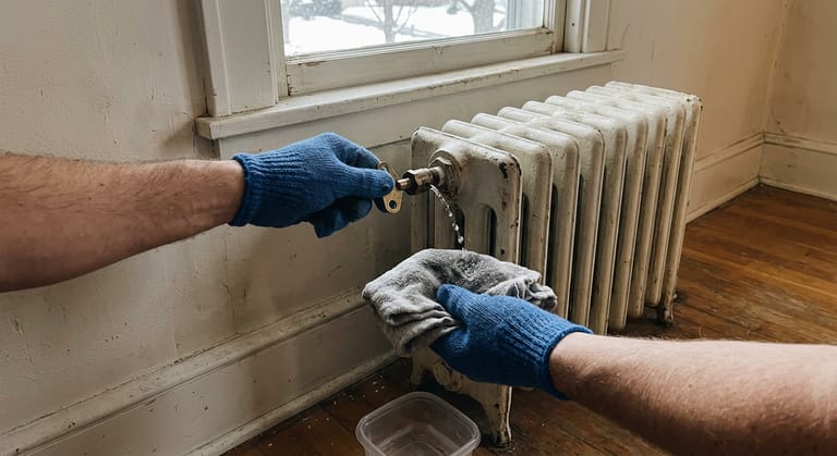 A gloved hand turning a small square key on the brass air vent at the top corner of a cast iron radiator, a rag held beneath it.
