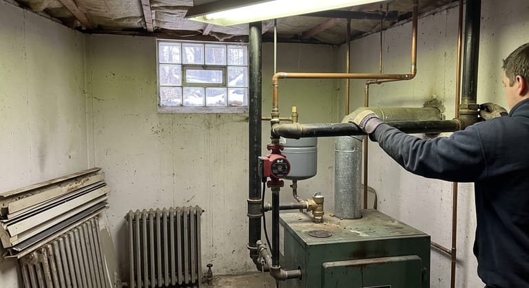 A small float type air vent screwed into the side of a one pipe steam radiator, with a single black iron pipe rising from the floor.