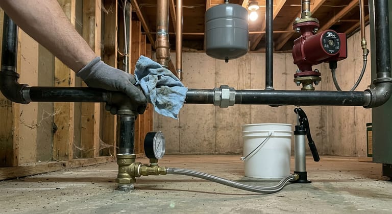 A pressure test gauge threaded onto the boiler drain of newly made-up piping, a hand test pump and hose on the concrete floor and a gloved hand resting on the return line.