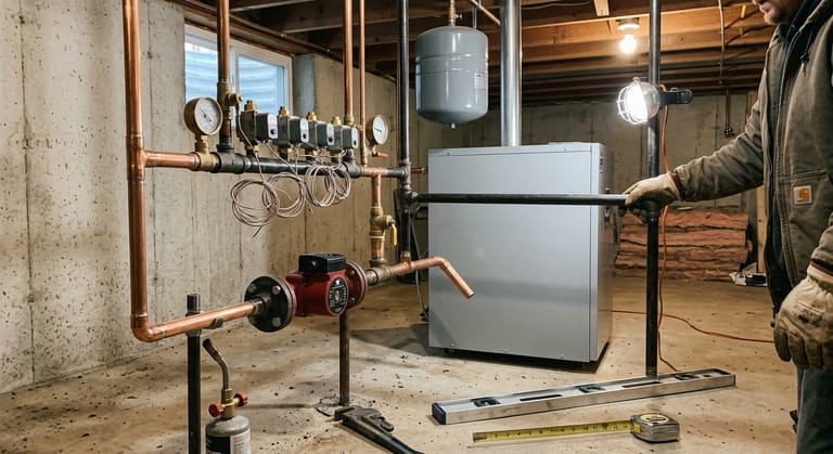 Newly made-up near-boiler piping on a freshly set boiler: bright copper, threaded black iron, a red circulator on flanges and zone valves with the thermostat wire not yet dressed.
