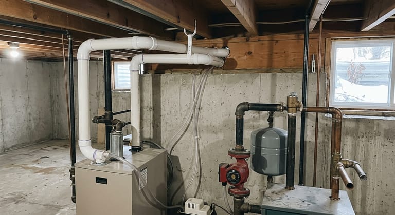 Paired white PVC vent pipes from a condensing boiler passing through the basement band joist, with a clear condensate tube running down to a small condensate pump on the floor.