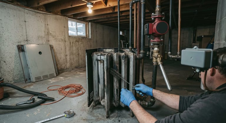 Gloved hands brushing soot from between the exposed cast iron sections of a floor-standing gas boiler, its front jacket panel leaning against the basement wall and a shop vacuum hose on the concrete floor.