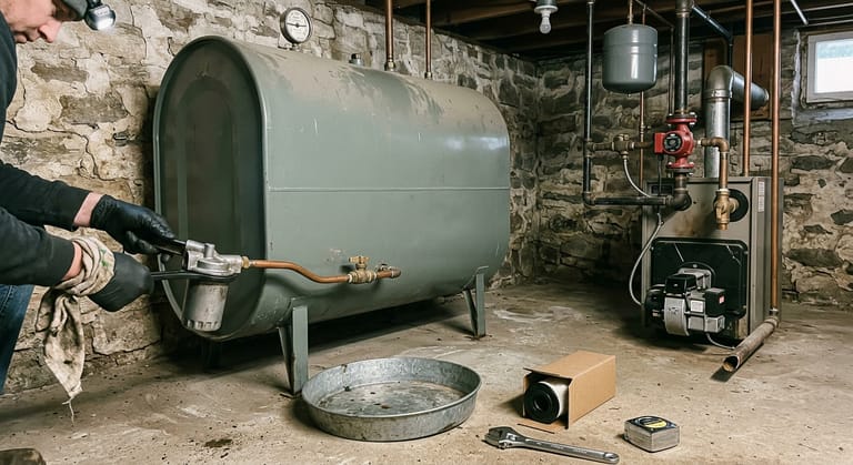 Gloved hands changing the spin-on fuel filter under a 275 gallon basement oil tank, a drip pan held beneath the canister and an oil-fired boiler behind.