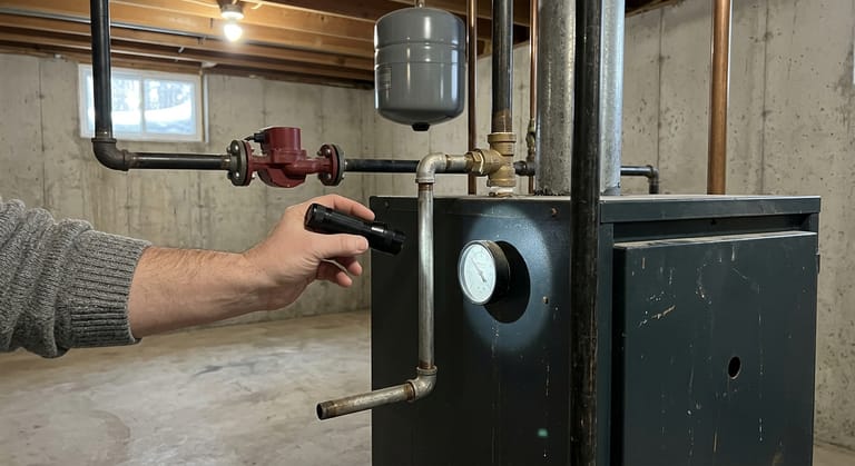 A bare hand holding a flashlight on a boiler's combination pressure and temperature gauge, with the brass relief valve above it and its metal discharge pipe running down to an open end near the floor.