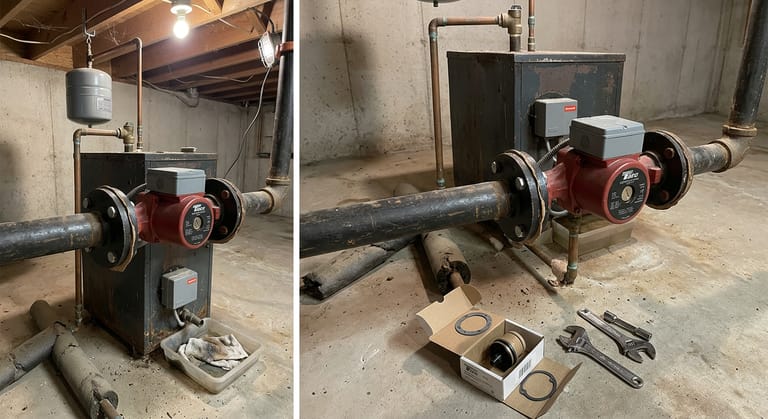 Near-boiler piping with a red cartridge circulator bolted between flanges in the black iron return, a closed grey aquastat housing on the jacket, a steel expansion tank overhead and a replacement cartridge in an open box on the floor.
