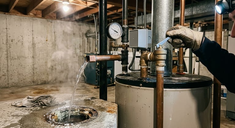 A gloved hand holding a brass relief valve's test lever fully open while hot water runs from the open end of the copper discharge pipe onto a damp basement floor near a drain.