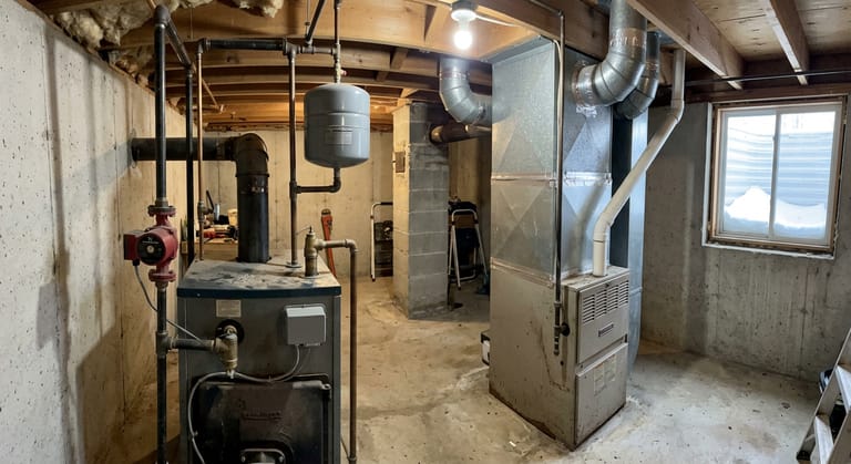 An unfinished basement holding both systems: a cast iron hot water boiler with copper piping and a red circulator on one side, a sheet metal furnace with galvanized ductwork running between the joists on the other.