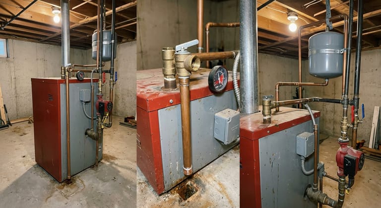 Near-boiler piping showing a brass relief valve with its copper discharge pipe running down and left open above the floor, a two-needle pressure and temperature gauge, a low water cutoff and a steel expansion tank hung from a joist.
