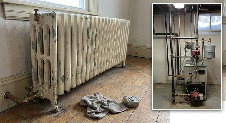 Long free-standing cast iron radiator of about fourteen painted sections along a plaster wall, with a manual air vent at the top corner and a valve and union at the floor.