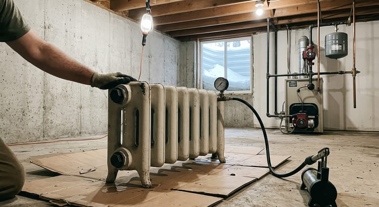 Drained cast iron radiator standing on cardboard on a basement floor, its tappings plugged and a small pressure gauge and test pump hose threaded into one corner.