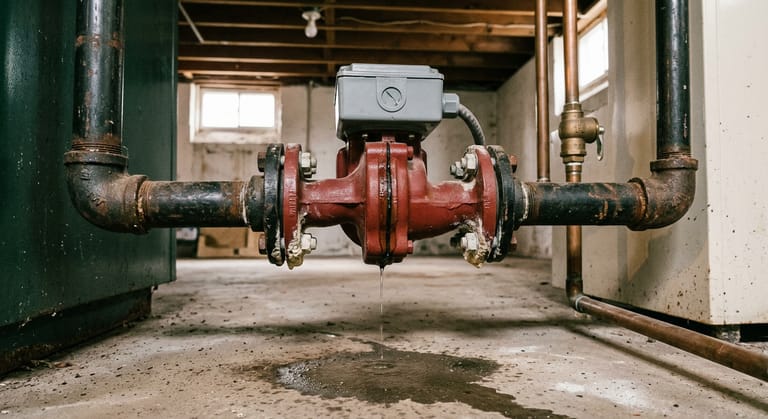 A wet trace and pale crust at the bolted flange gasket of a basement circulator pump, with a damp patch on the concrete below.