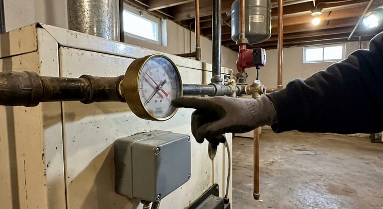 A gloved fingertip beside the round combination pressure and temperature gauge on a basement boiler jacket, both needles visible.