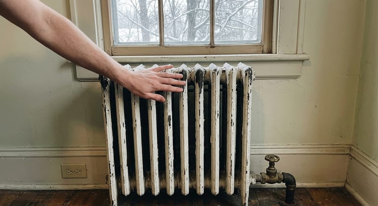 An open palm resting on the upper sections of a painted cast iron radiator beneath a double-hung window with snow outside.