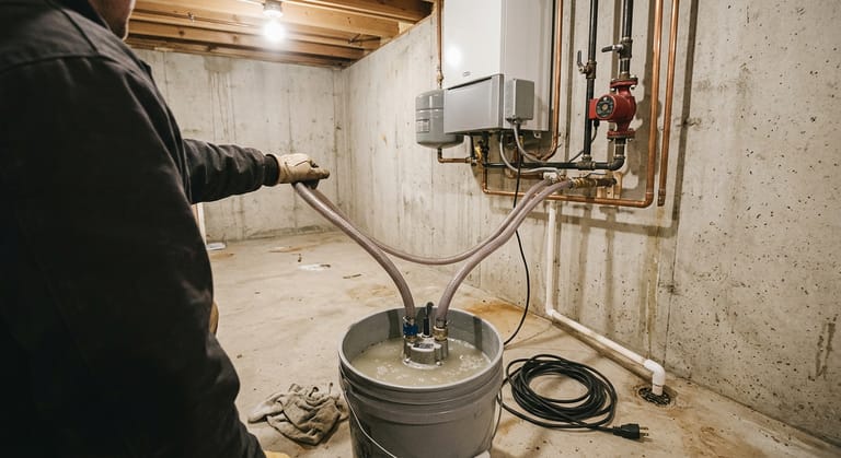 Small descaling pump in a bucket of cloudy water on a basement floor, two hoses running up to the lever isolation valves under a wall-hung boiler.