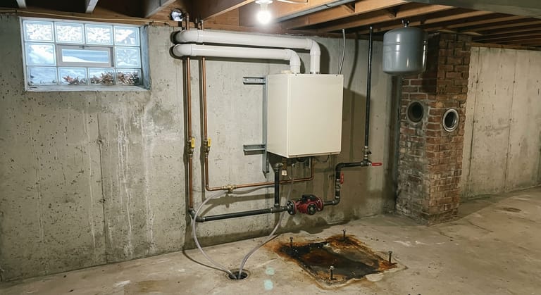 Wall-hung combi boiler bolted to the concrete wall of an unfinished basement, with copper heating and domestic water lines and a gas cock below it and the rusty floor stain of the old boiler in front.