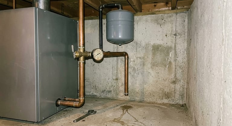 Brass pressure relief valve on a copper tee with its test lever up, the copper discharge pipe running down a concrete wall and ending open just above the floor, a two-needle pressure and temperature gauge alongside and a steel expansion tank on the joists above