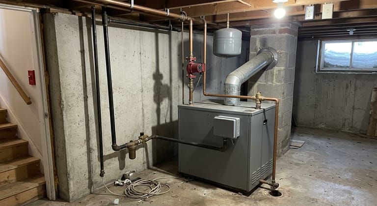 Floor-standing gas-fired boiler in an unfinished basement, with a black iron gas pipe dropping into the gas valve at burner level, copper supply and return above, a red circulator pump and a galvanized flue pipe running into a masonry chimney