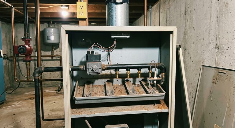Burner compartment of a cold, switched-off gas boiler with the front jacket panel removed: a gas valve on black iron pipe, a manifold with brass orifices feeding a row of burner tubes, and a hot surface igniter on a bracket at one end