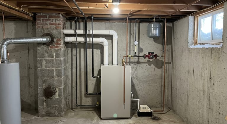 Floor-standing condensing gas boiler in an unfinished basement, its white PVC vent pipe passing out through the band joist beside an old masonry chimney that now carries only a water heater flue.