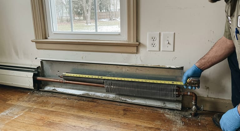 Fin-tube baseboard with the metal cover removed and leaning against the wall, an inch-marked tape measure stretched along the copper element and its aluminum fins.