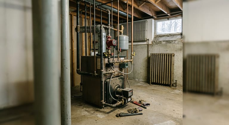 Cast iron column radiator under a window with snow outside, and a run of fin-tube baseboard with a metal cover along the next wall.