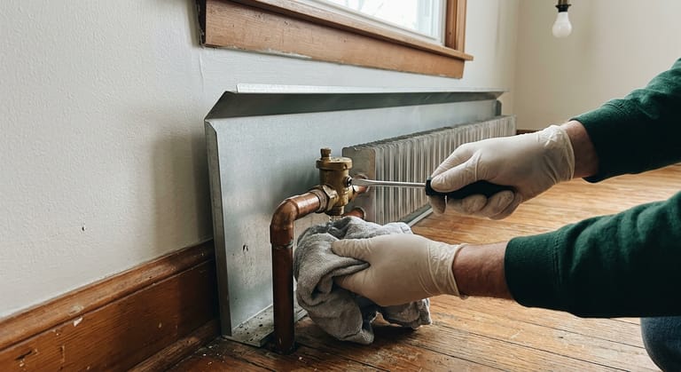 A small brass manual air vent at the top of a baseboard riser being cracked open with a screwdriver, a rag held underneath.
