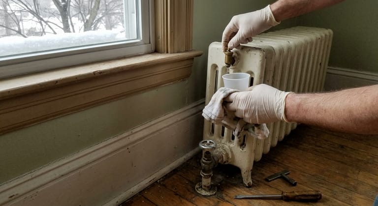 A gloved hand opening the small brass air vent on top of a cast iron radiator under a window, with a rag and a cup held underneath and snow on the sill outside.