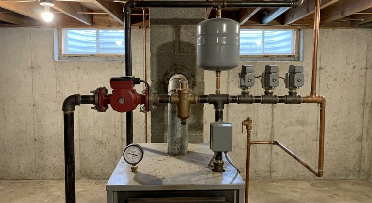 Near-boiler piping in an unfinished basement: a red circulator on flanges, a steel expansion tank hung from the joists, an air separator, three zone valves on the header, an aquastat on the jacket, a brass relief valve with a copper discharge pipe, and a two-needle pressure and temperature gauge.