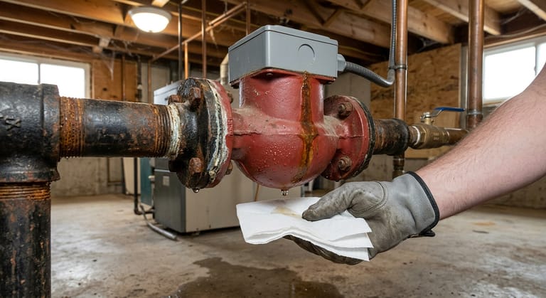 Red circulator pump between two bolted flanges on black iron pipe, wet at the bolts with a rust stained trail down the casting and a gloved hand holding a paper towel underneath.