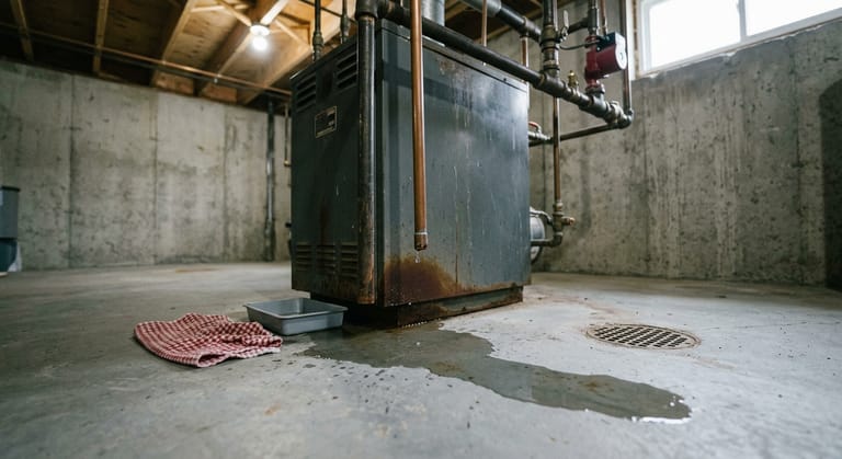 Water spread across a concrete basement floor at the base of a cast iron boiler, with a rust stained trail down the jacket and an open copper relief discharge pipe ending low above the floor.