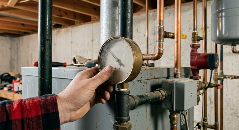 Round combination pressure and temperature gauge with two needles on a boiler's black iron piping, with a gloved hand wiping dust from the glass.