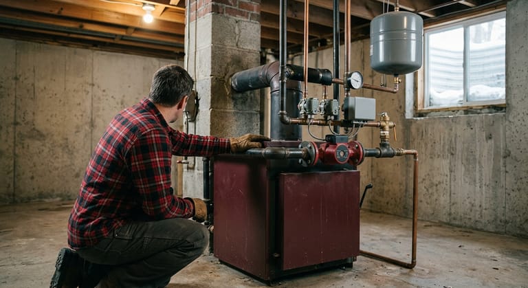 Person crouched from behind beside a running floor-standing boiler in a basement, one gloved hand resting on the black iron supply pipe near the circulator and zone valves.