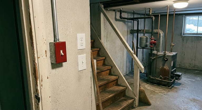 Plain toggle switch in a red metal plate on a surface mounted box beside the door at the top of wooden basement stairs, next to an ordinary white light switch.