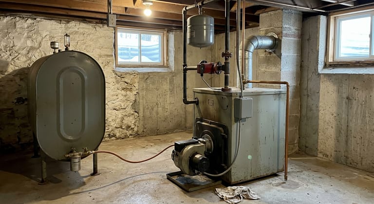 Oil-fired boiler in an unfinished basement with a gun burner bolted to its front, a copper oil line running along the wall to a 275 gallon steel tank on legs with a filter at the outlet, and a flue pipe into a masonry chimney