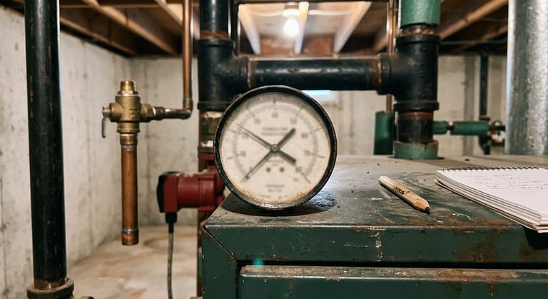 Close view of a boiler combination pressure and temperature gauge with two needles, a pencil and a small notebook lying on the boiler jacket beside it