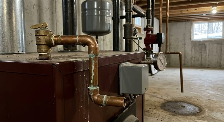 Brass pressure relief valve on the jacket of a cast iron boiler, with an open copper discharge pipe dropping to the concrete floor and a mineral trail down the copper