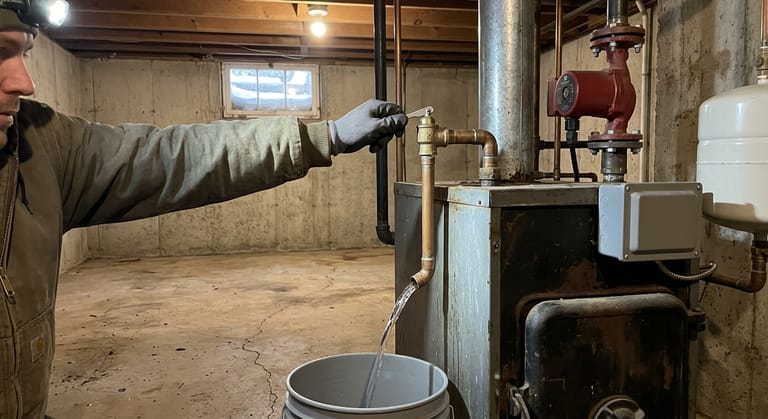Gloved hand holding a boiler relief valve test lever open while water runs from the open copper discharge pipe into a bucket on the basement floor