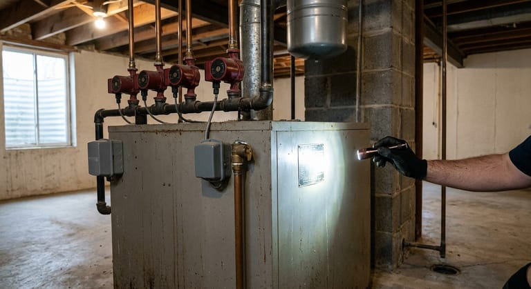 An older cast iron boiler with three zone circulators in a row on its supply header, a gloved hand holding a flashlight to the jacket, with the expansion tank and the relief valve's copper discharge pipe visible.
