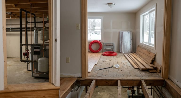 A room part way through a retrofit with hardwood strips pried up and the subfloor exposed, a pry bar on the floor, and coils of PEX, a manifold and foam board staged against the far wall.