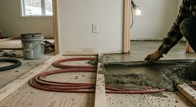 Gypsum concrete underlayment being screeded over red PEX laid between 2x2 wood sleepers on a plywood subfloor, half the floor buried and half still open, with a door casing showing the added height.