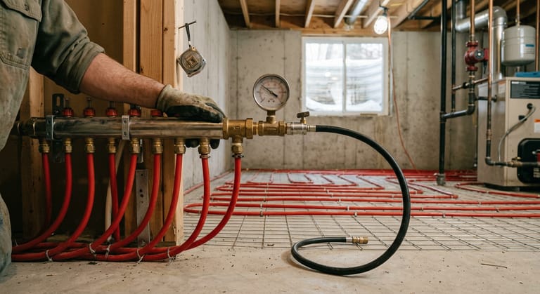 A brass test gauge and a small hand pump threaded onto a radiant manifold with all the PEX loops still exposed on the floor behind and the needle resting up the dial.