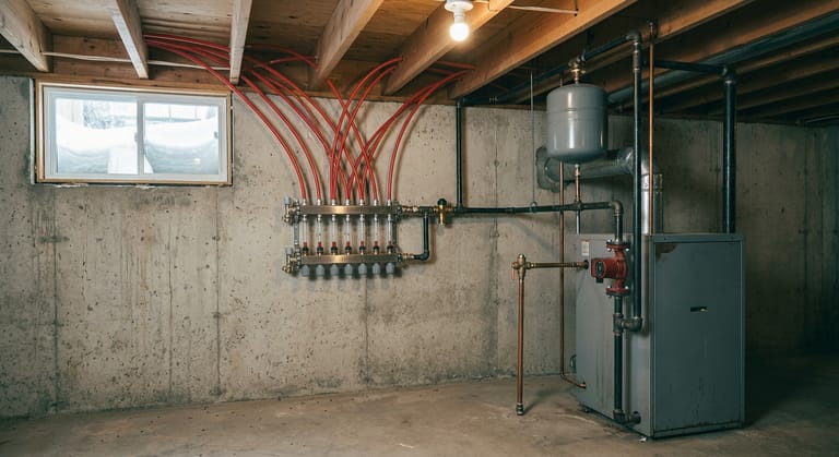 A radiant floor manifold on a basement wall with flow meters on the supply bar and balancing knobs on the return, red PEX loops turning up into the floor joists, and a floor-standing boiler with its circulator and expansion tank alongside.