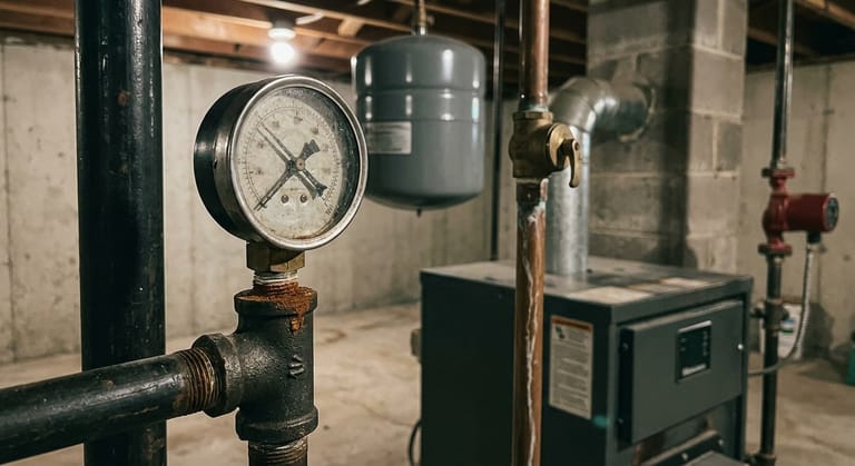 A two-needle pressure and temperature gauge on the black iron piping of a basement boiler, with the steel expansion tank and the relief valve's copper discharge pipe behind it.