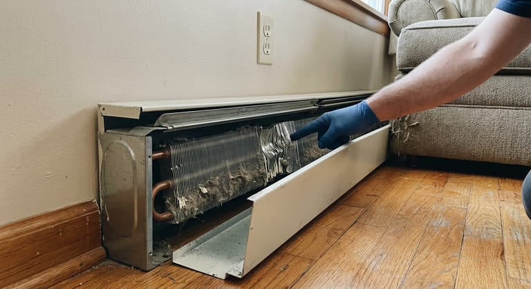 Aluminum fins crushed flat and clogged with dust inside a baseboard heater with the cover removed, a gloved hand combing one straight.