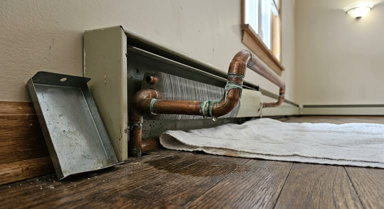 Water beading at a corroded soldered elbow under a removed baseboard end cap, with a damp patch and folded towel on the floor beneath.