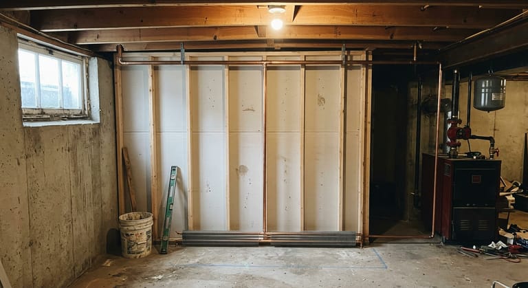 A new copper branch teed off the loop in the basement joists, dropping to a run of baseboard along a framed wall, boiler behind.