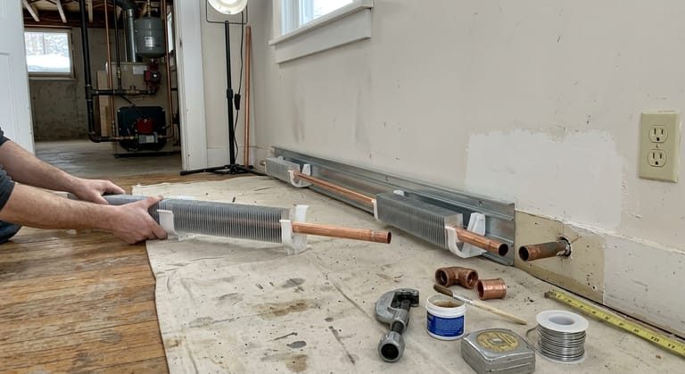 A new finned baseboard element being lowered into its wall brackets, with the copper end left open beside the fittings on the floor.