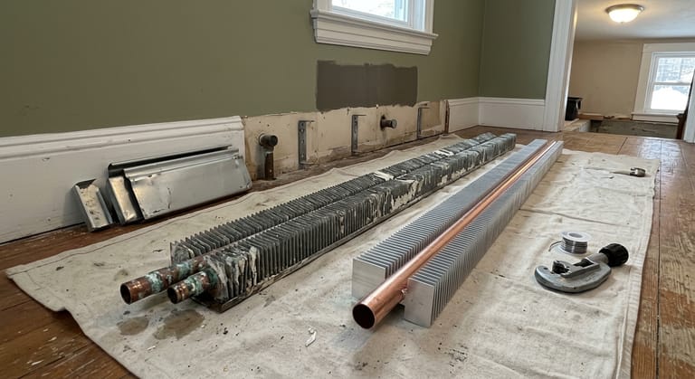 An old corroded baseboard element with crumbling fins laid on a drop cloth beside a new element with bright copper and clean fins.