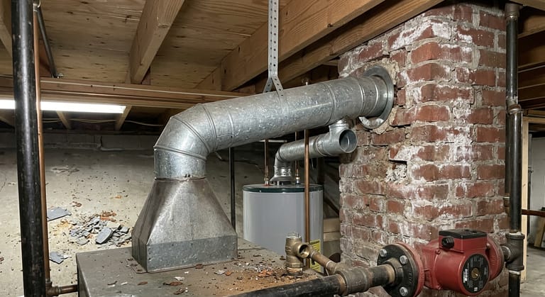 A galvanized flue connector from an old cast iron gas boiler rising into a brick chimney thimble, with a water heater's smaller vent joining the same flue.